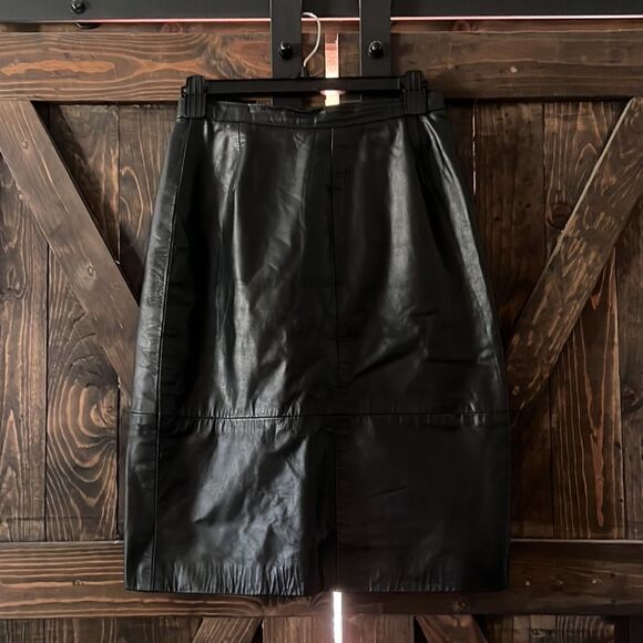 Vintage Comint Black Genuine Leather Skirt Sz- - Picture 7 of 13